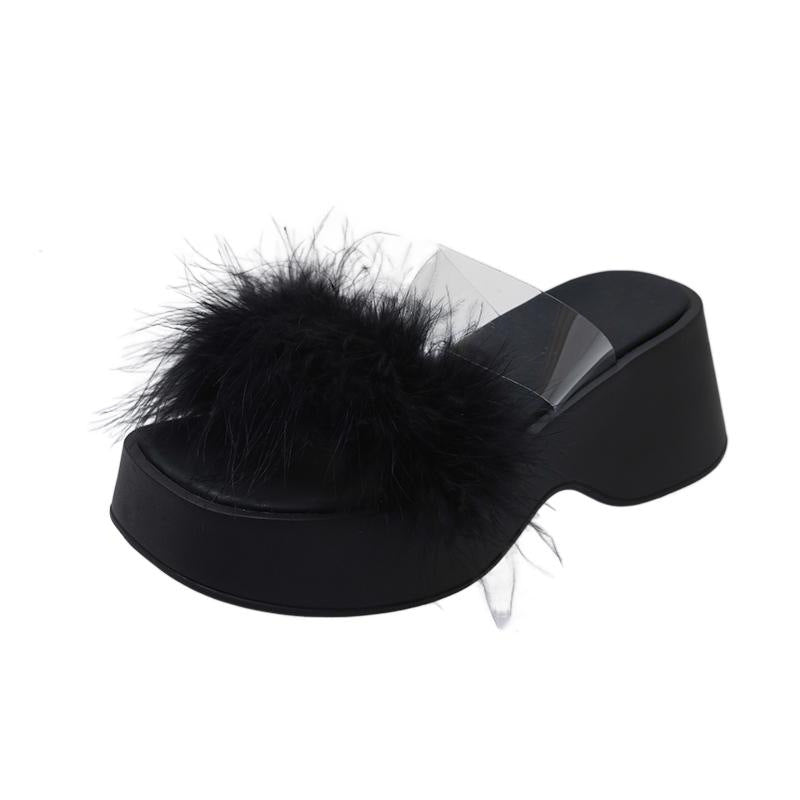 Damen modische Plattform-Pantoletten mit Federdetails und transparentem Riemen Fudus