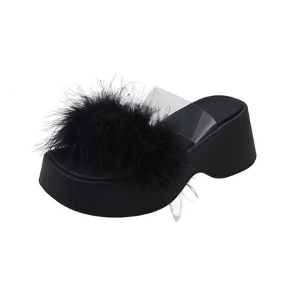 Damen modische Plattform-Pantoletten mit Federdetails und transparentem Riemen Fudus