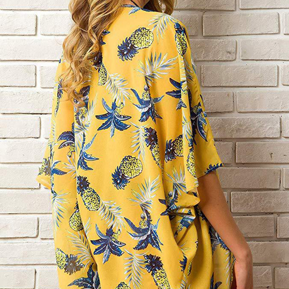 Damen Strandkimono mit stylischem Ananasdruck und offenen Ärmeln Fudus