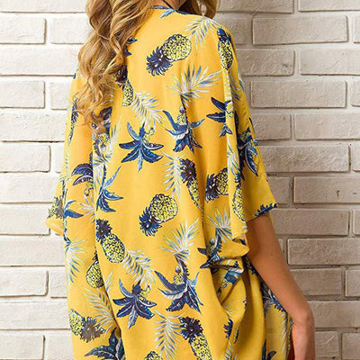 Damen Strandkimono mit stylischem Ananasdruck und offenen Ärmeln Fudus