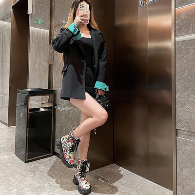 Damen modische Ankle Boots mit grafischen Mustern und stabiler Sohle Fudus