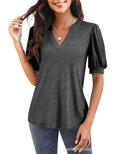 Damen T-Shirt mit V-Ausschnitt und Puffärmeln Fudus