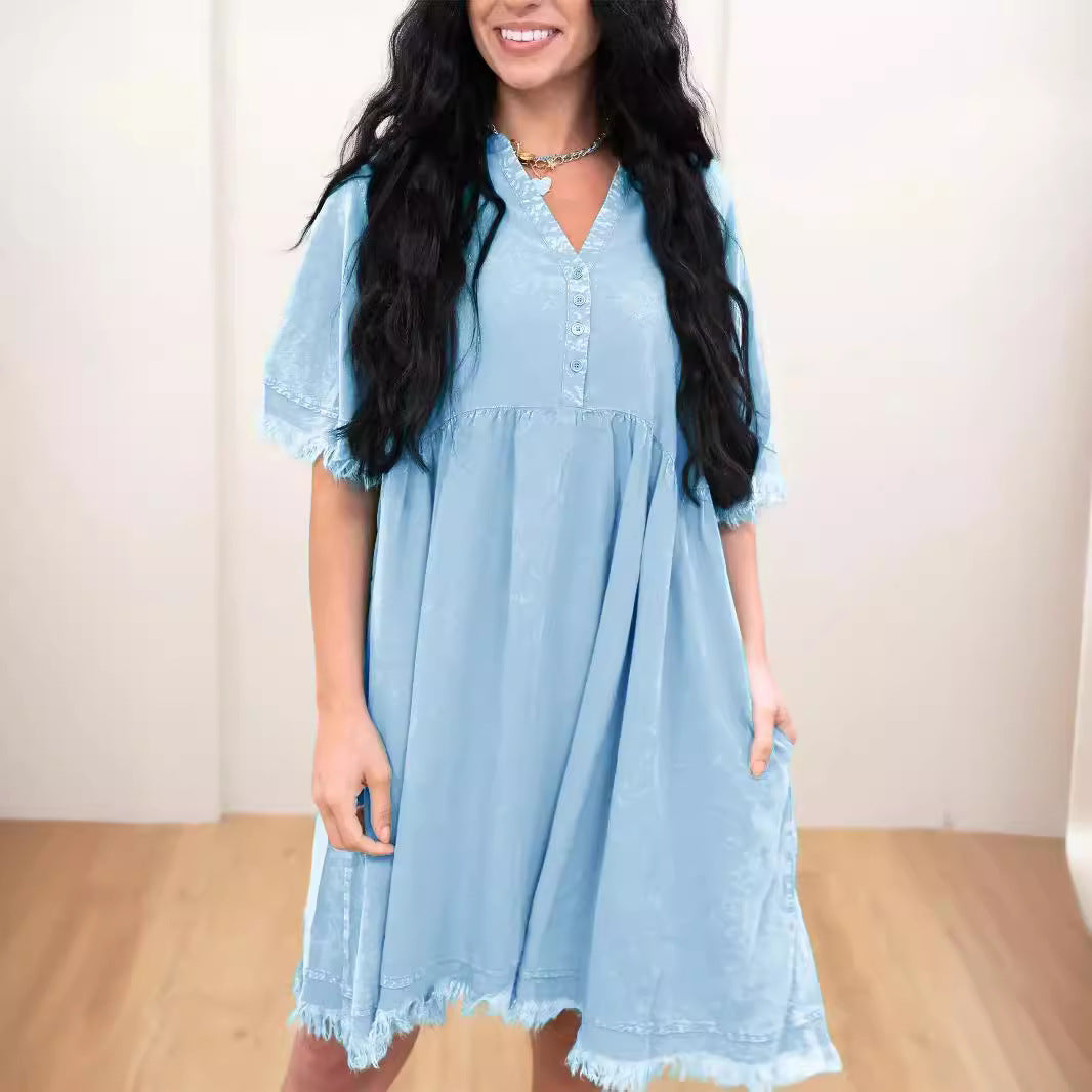Damen Sommerkleid mit eleganter Knopfleiste und fransigem Saum Fudus