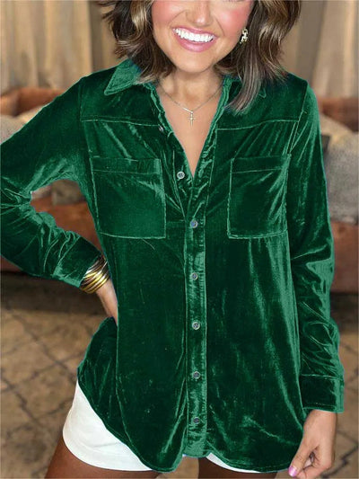 Damen Samt-Bluse im lässigen Schnitt mit Brusttaschen Fudus