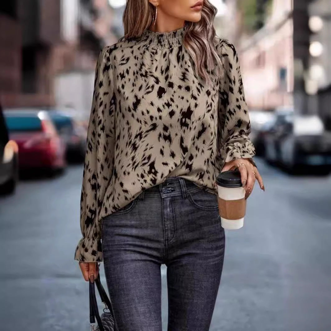 Damen Bluse mit verspieltem Muster und hohem Kragen Fudus