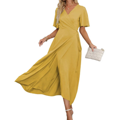 Damen Maxikleid mit elegantem V-Ausschnitt und seitlichem Schlitz Fudus