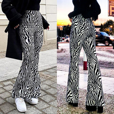 Damen Flared Pants mit auffälligem Zebramuster und hohem Bund Fudus