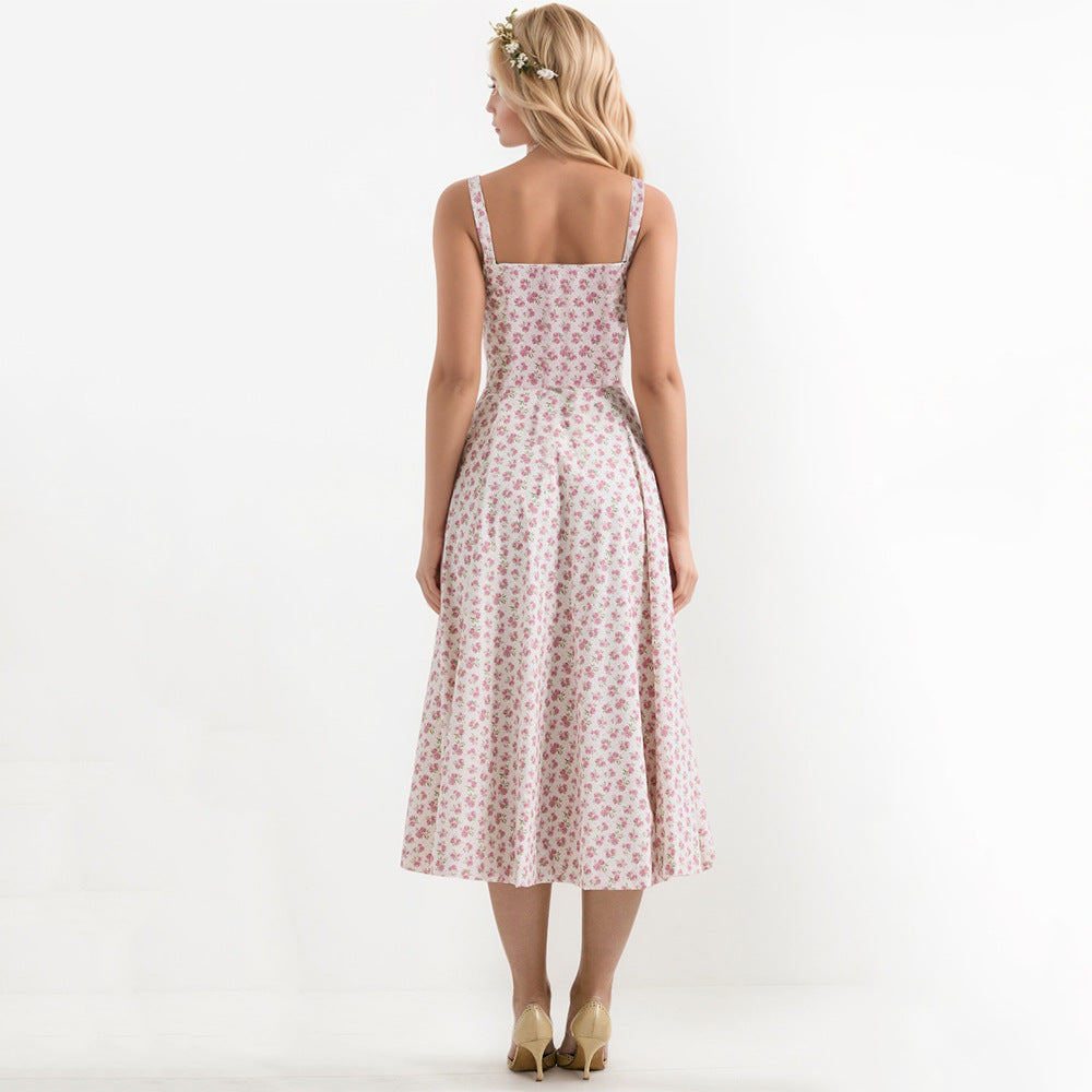 Damen Midikleid mit floralen Mustern und dekorativen Rüschen Fudus