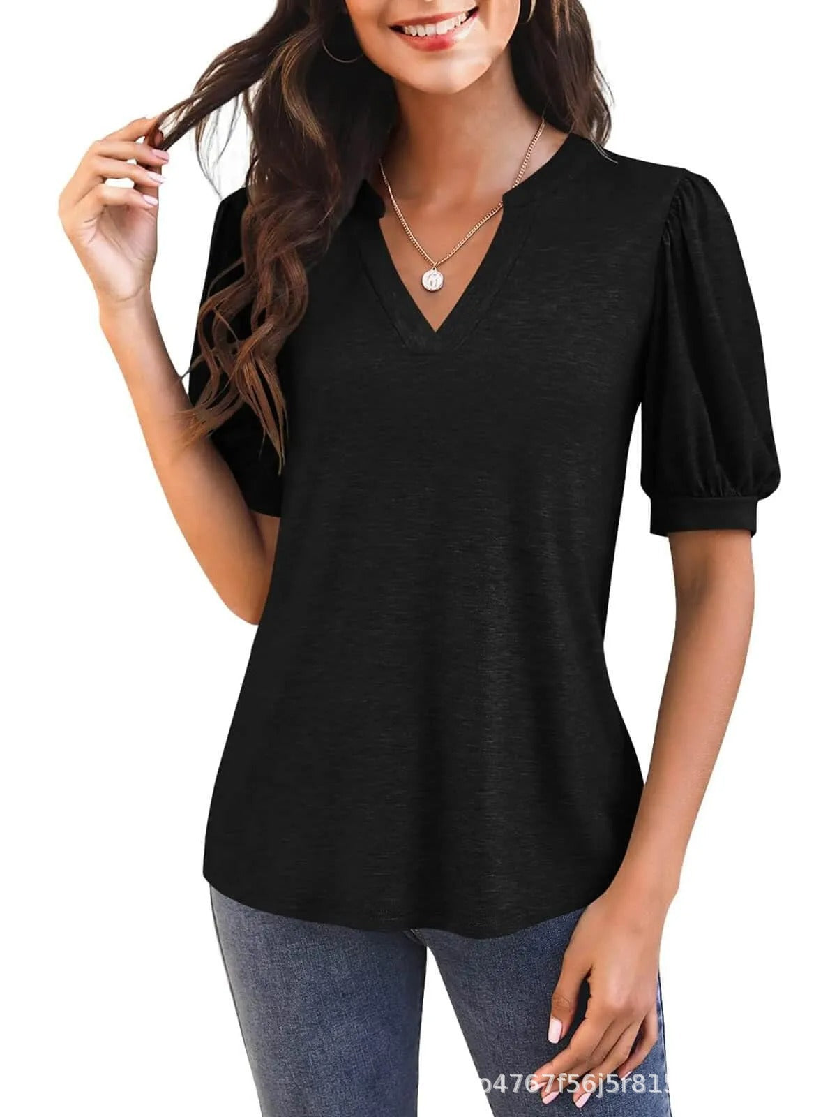 Damen T-Shirt mit V-Ausschnitt und Puffärmeln Fudus