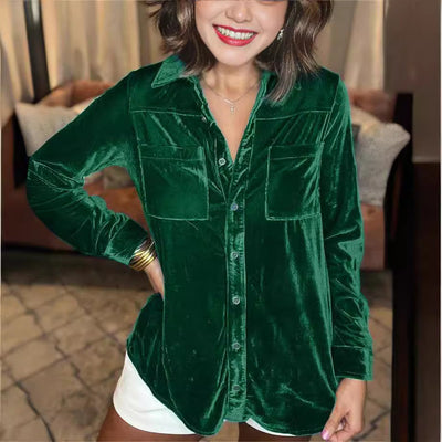 Damen Samt-Bluse im lässigen Schnitt mit Brusttaschen Fudus