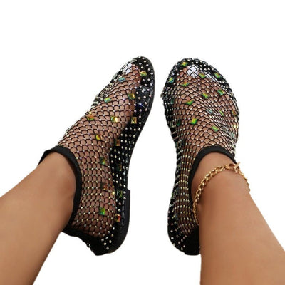 Damen Netz-Pantoletten mit bunten Strasssteinen und elastischem Material Fudus