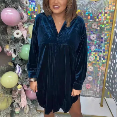 Damen Luxuriöses Velourshemdkleid mit Knopf und verspieltem Schnitt Fudus