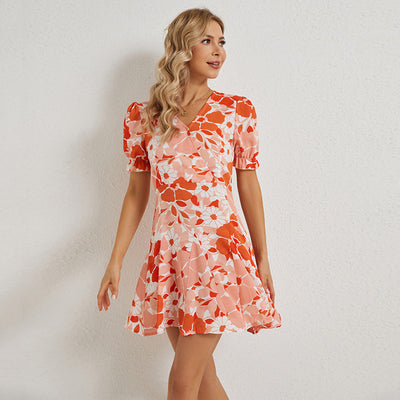Damen blumiges Kurzkleid mit V-Ausschnitt und Rüschendetails Fudus