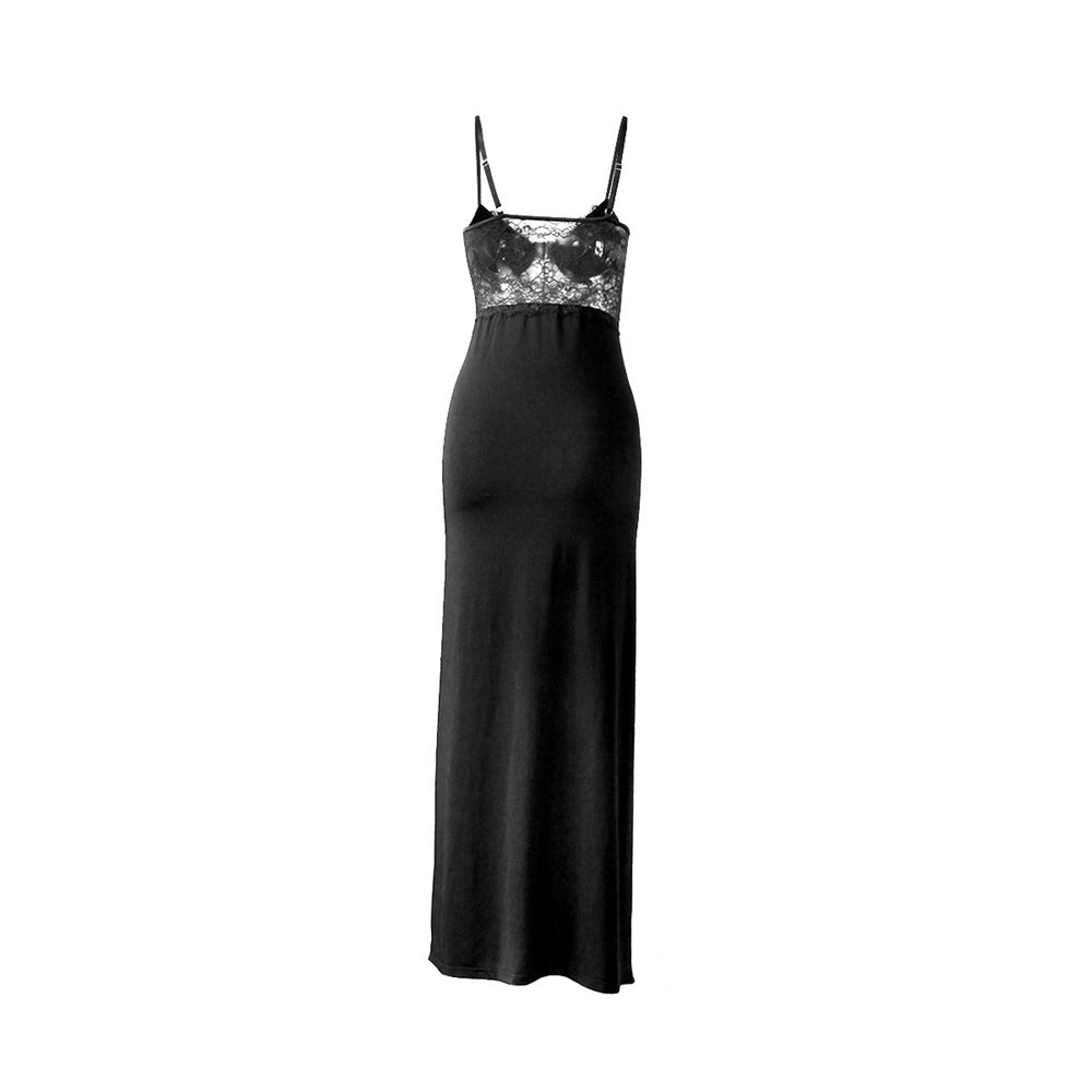 Damen elegante Spitzenkleid mit seitlichem Schlitz und verstellbaren Trägern Fudus