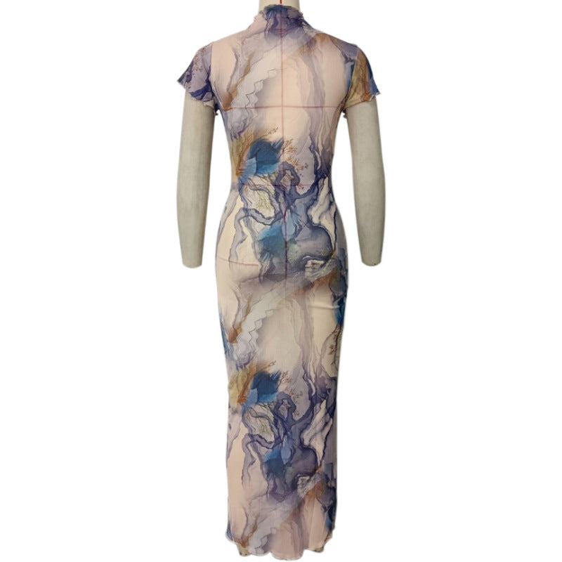 Damen figurbetontes Langarmkleid mit subjektivem künstlerischen Muster Fudus