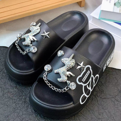 Damen Kreative Pantoletten mit glitzernden Tiermotiven und Schmuckdetails Fudus