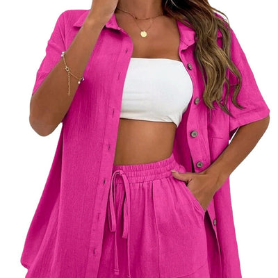 Damen lässige Kurzarmbluse mit Knopfleiste und Brusttasche Fudus