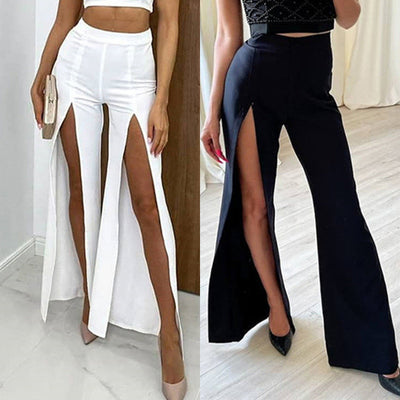 Damen elegante High-Waist-Culotte mit seitlichen Schlitzen und fließendem Stoff Fudus
