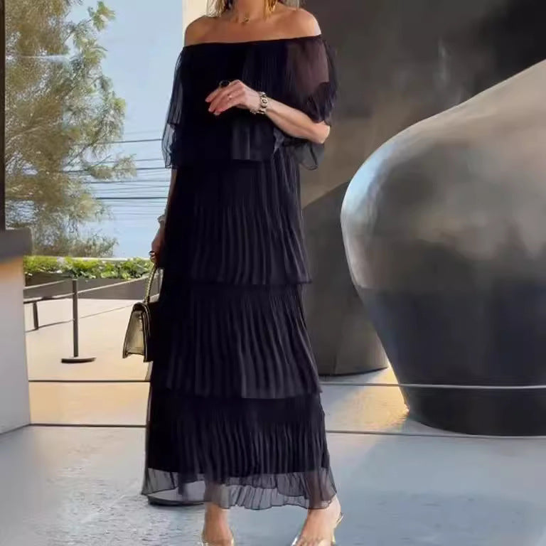 Damen Off-Shoulder Maxikleid mit plissierten Details Fudus