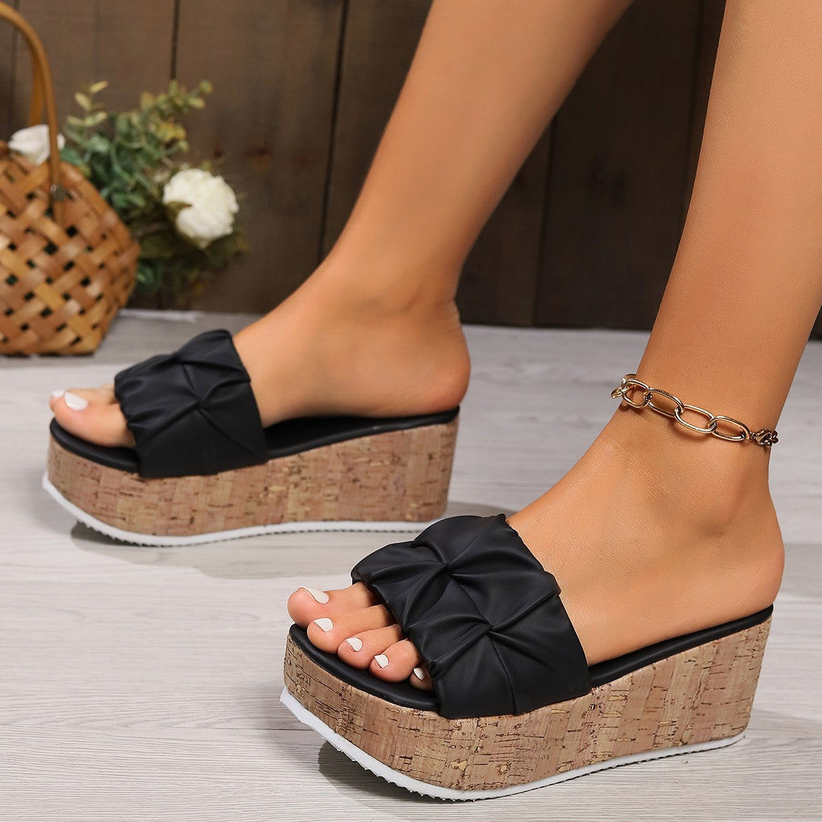Damen Plateau-Pantoletten mit dekorativem Schleifen-Design und Kork-Optik Fudus