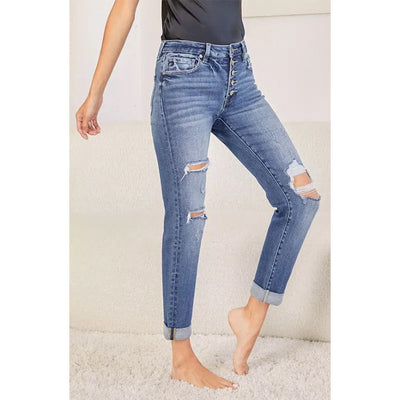 Damen Jeans im modernen Boyfriend-Schnitt mit hohen Knopfdetails und stylischem Used-Look Fudus