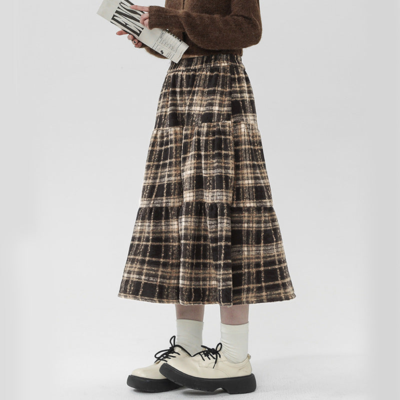 Damen gestufter Midi-Rock aus hochwertigem Baumwoll-Mix mit kariertem Muster Fudus