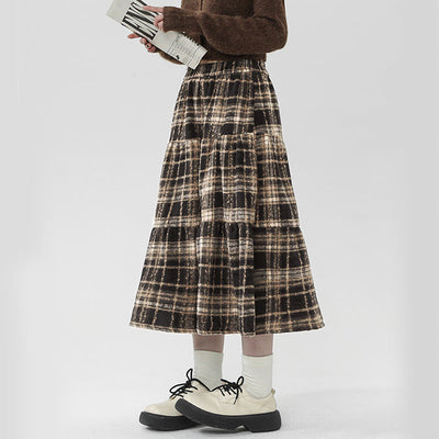 Damen gestufter Midi-Rock aus hochwertigem Baumwoll-Mix mit kariertem Muster Fudus