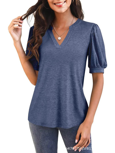 Damen T-Shirt mit V-Ausschnitt und Puffärmeln Fudus