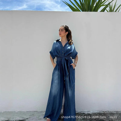 Damen lässiger Denim-Overall mit weitem Bein und praktischen Taschen Fudus