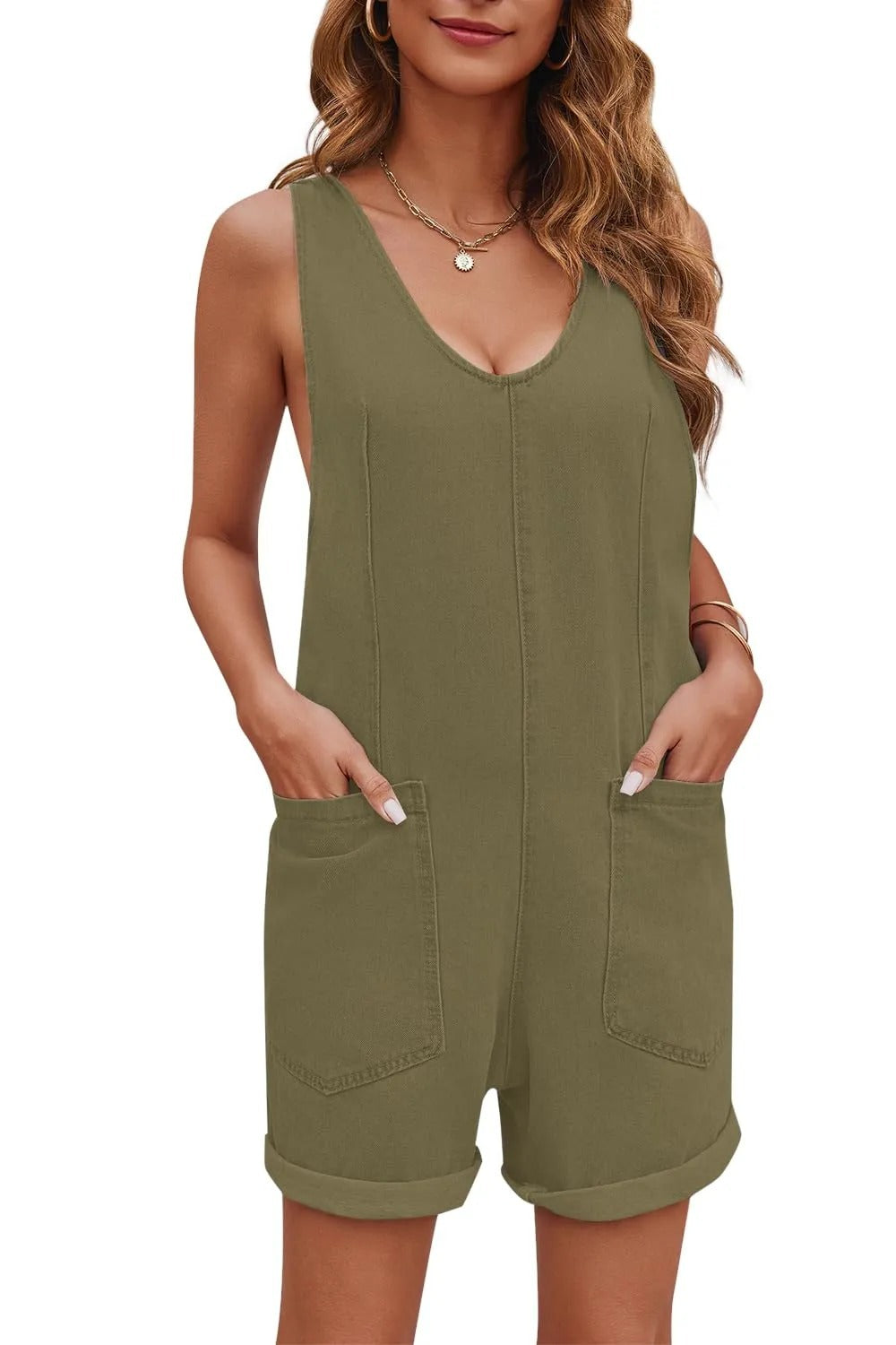 Damen lässiger Denim-Overall mit tiefem V-Ausschnitt und praktischen Taschen Fudus