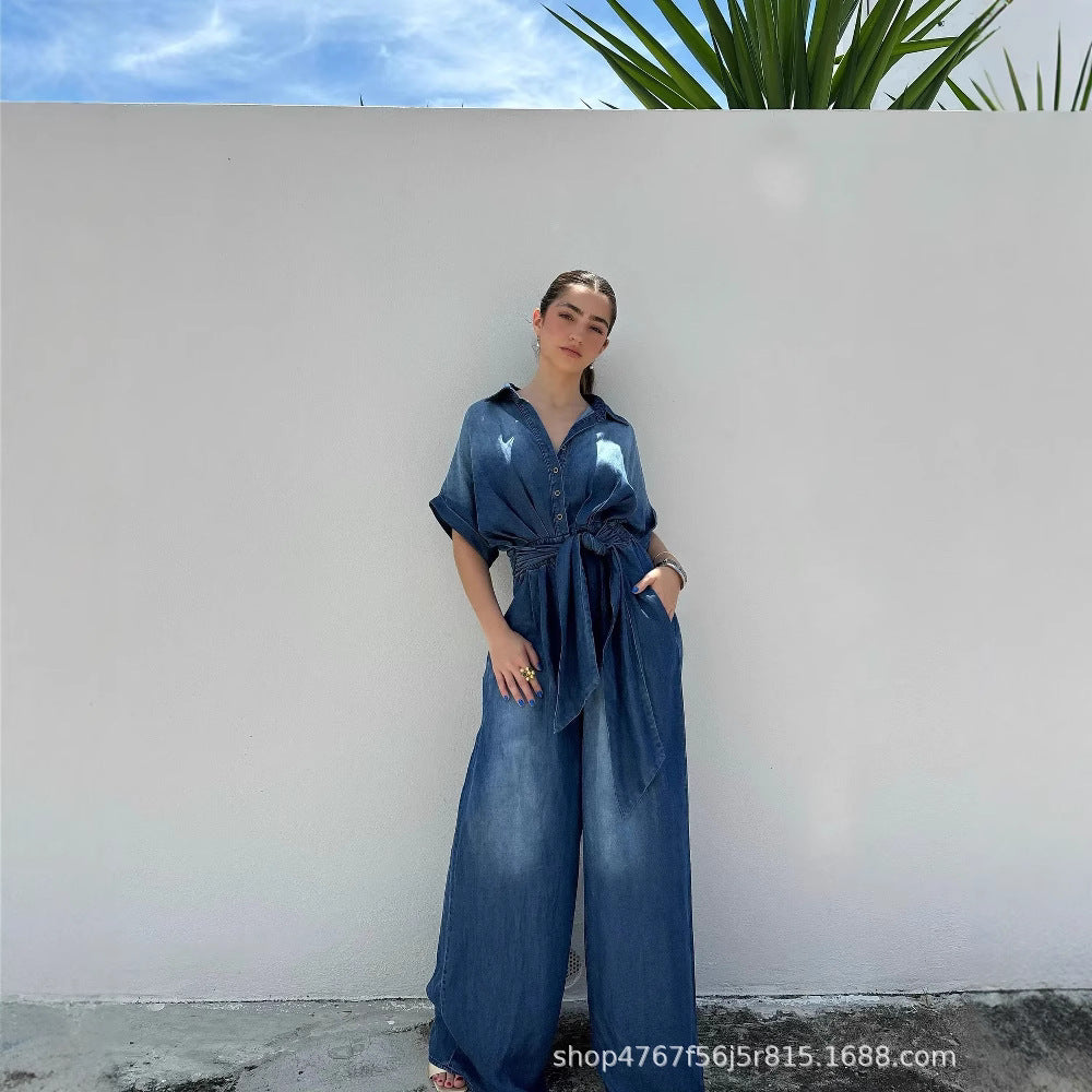 Damen lässiger Denim-Overall mit weitem Bein und praktischen Taschen Fudus