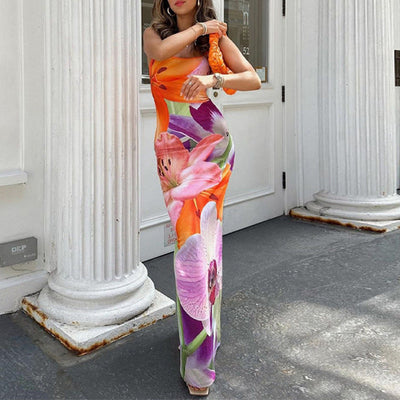 Damen Maxikleid mit floralen Prints und zartem Spaghetti-Träger Fudus