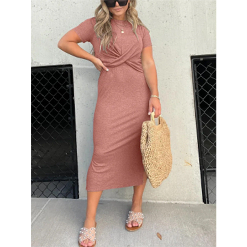 Damen lässiges Maxi-Kleid mit knotendem Detail und kurzärmeligen Schnitt Fudus