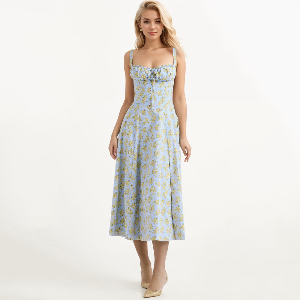 Damen Midikleid mit floralen Mustern und dekorativen Rüschen Fudus