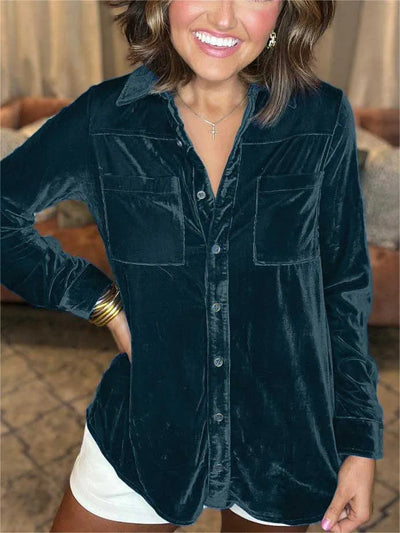 Damen Samt-Bluse im lässigen Schnitt mit Brusttaschen Fudus