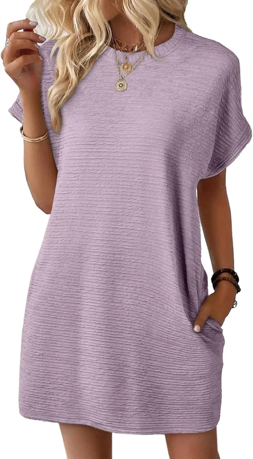 Damen lässiges Kurzarm-Kleid mit eingewebtem Texturmuster und praktischen Taschen Fudus