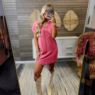 Damen Kurzarm-Kleid mit schönem V-Ausschnitt und Rüschendetails Fudus