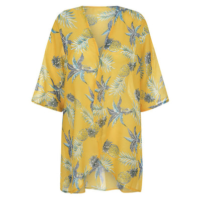 Damen Strandkimono mit stylischem Ananasdruck und offenen Ärmeln Fudus