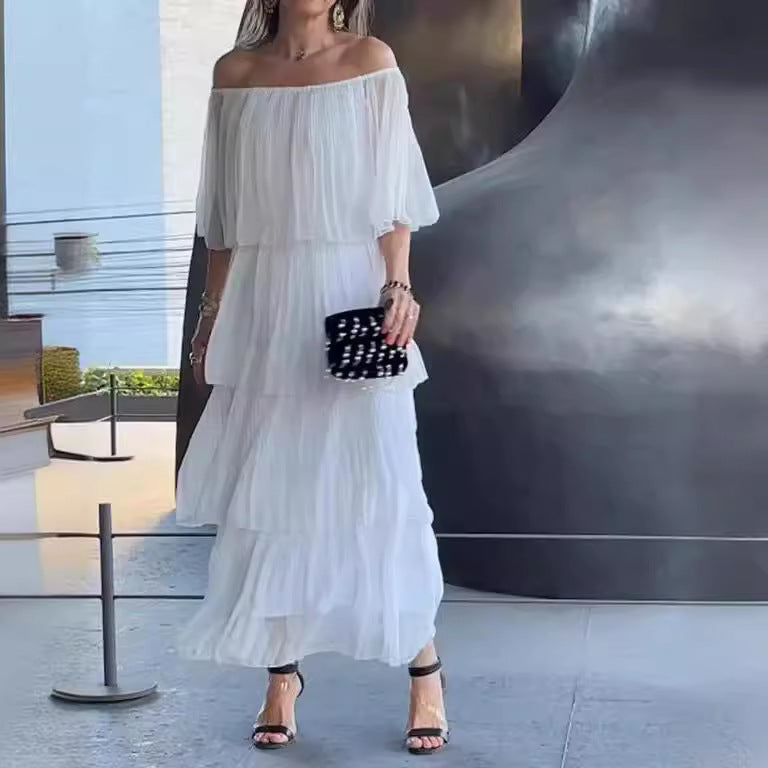 Damen Off-Shoulder Maxikleid mit plissierten Details Fudus