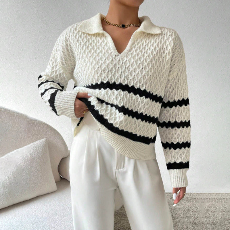 Strickpullover mit Kragen | Strukturmuster | Gestreifter Look