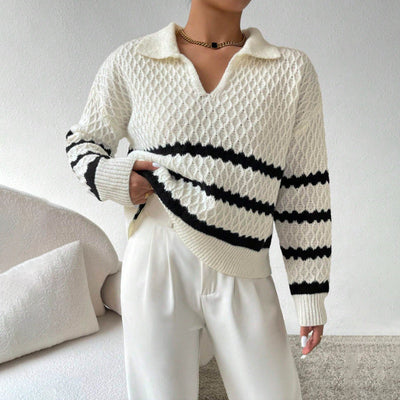 Strickpullover mit Kragen | Strukturmuster | Gestreifter Look