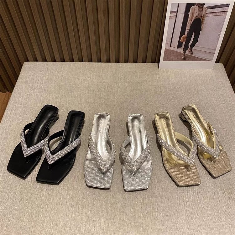 Damen Glamouröse Zehensteg-Pumps mit glitzerndem Riemendesign und komfortablem Blockabsatz Fudus