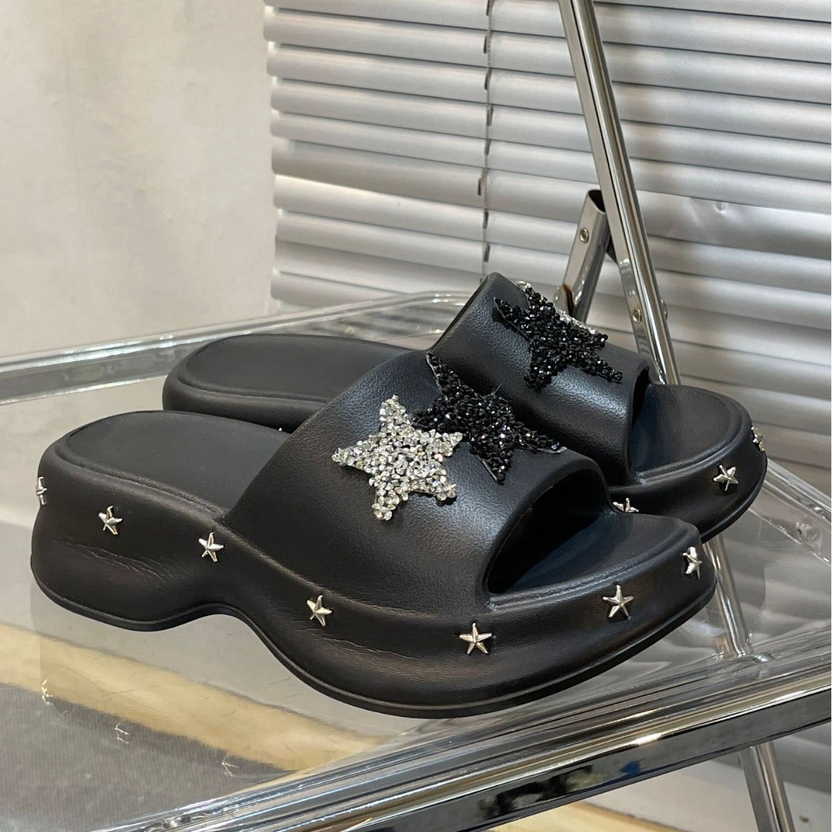 Damen Glamouröse Slides mit funkelnden Sternenapplikationen Fudus
