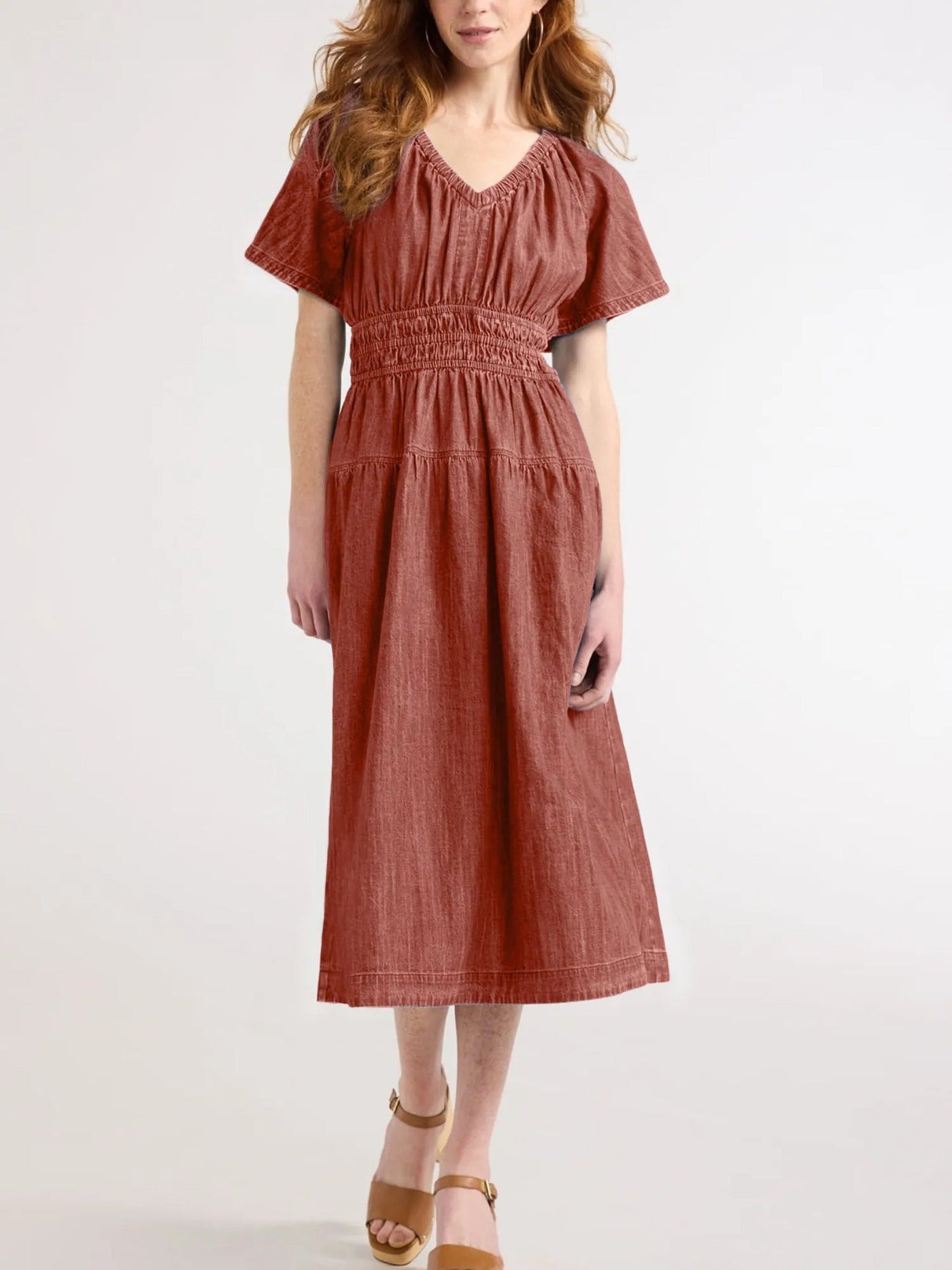 Damen lässiges Denim-Kleid mit elastischem Taillenbund Fudus