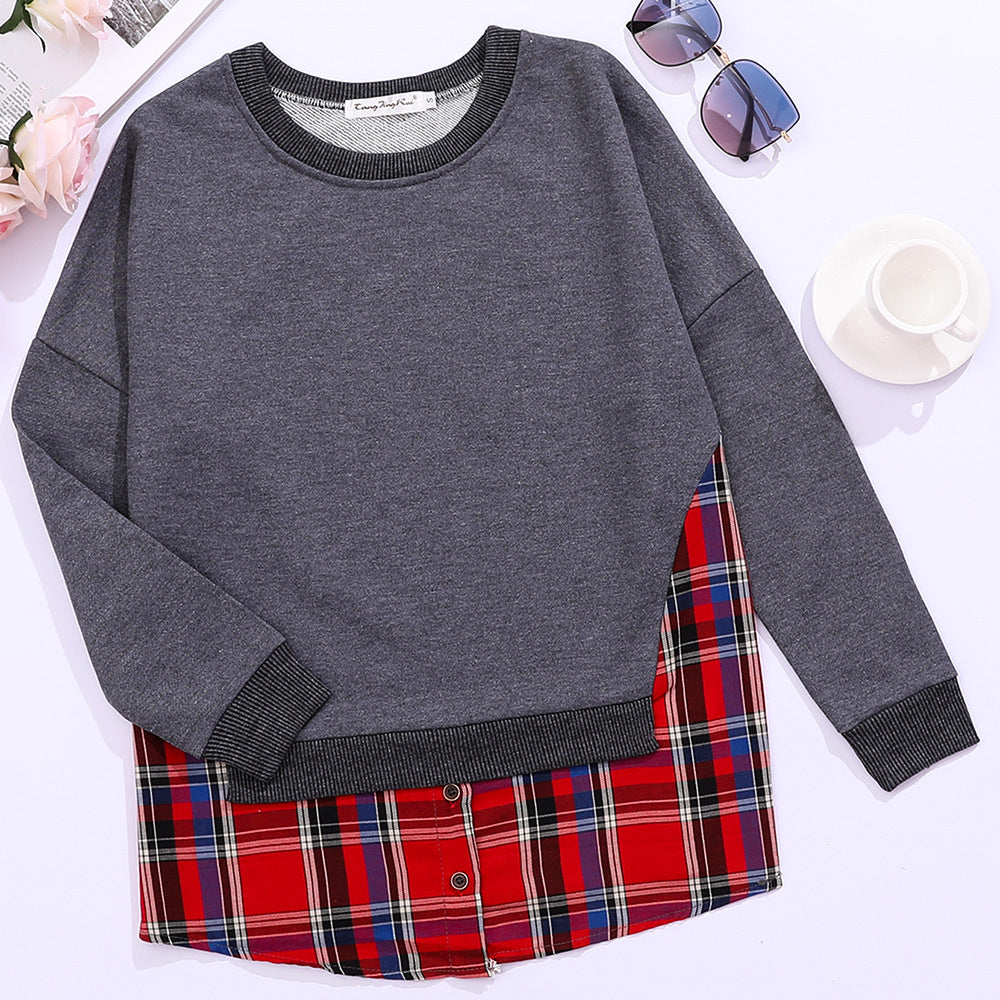 Damen lässiges Sweatshirt mit Karomuster und Rundhalsausschnitt Fudus