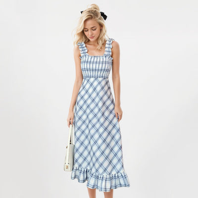 Damen Maxikleid mit Rüschendetails und kariertem Muster Fudus