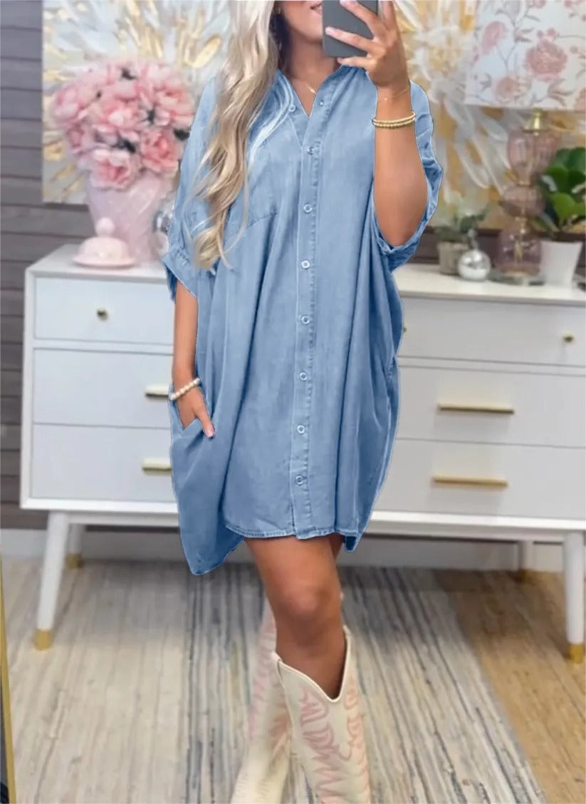 Damen Übergröße Denim-Shirtkleid mit praktischen Taschen und lässigem Schnitt Fudus
