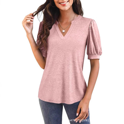 Damen T-Shirt mit V-Ausschnitt und Puffärmeln Fudus