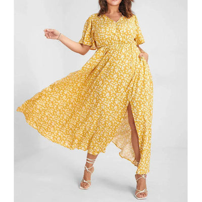 Damen Maxikleid mit floralem Muster und seitlichem Schlitz Fudus