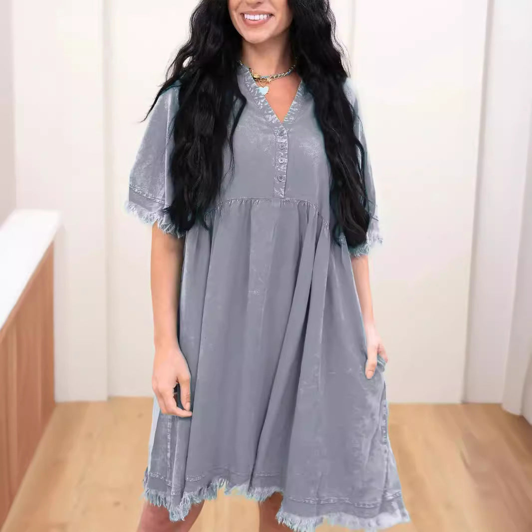 Damen Sommerkleid mit eleganter Knopfleiste und fransigem Saum Fudus